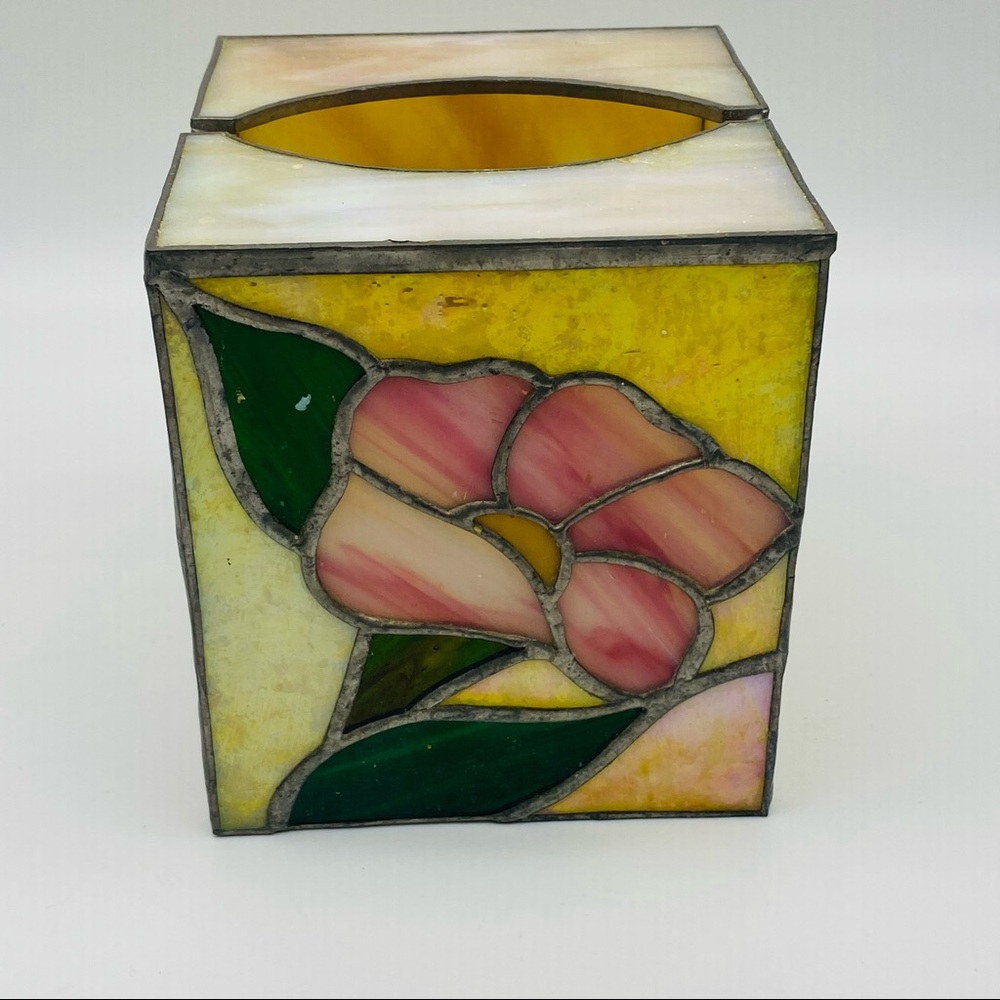 VINTAGE FLOWER-STAINED GLASS TISSUE BOX COVER